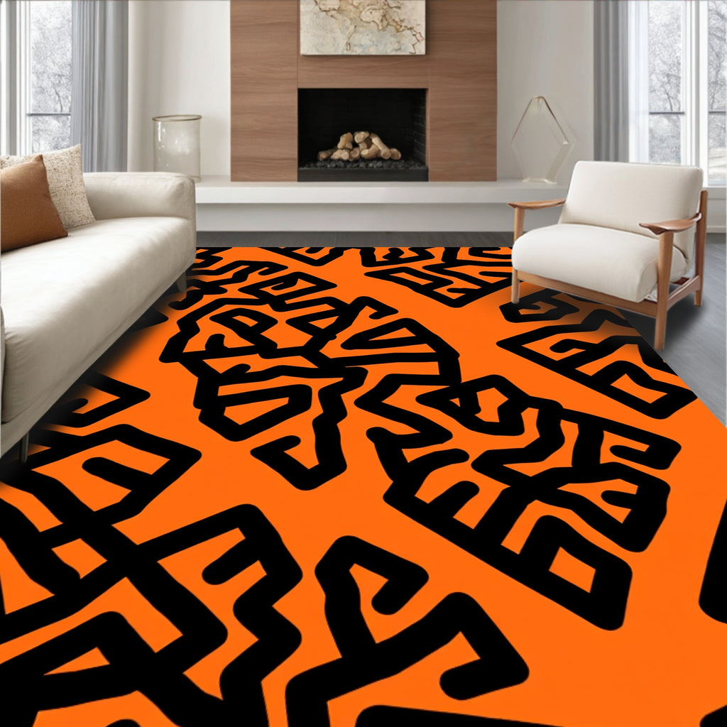 Orange Black Abstract Maze Rug