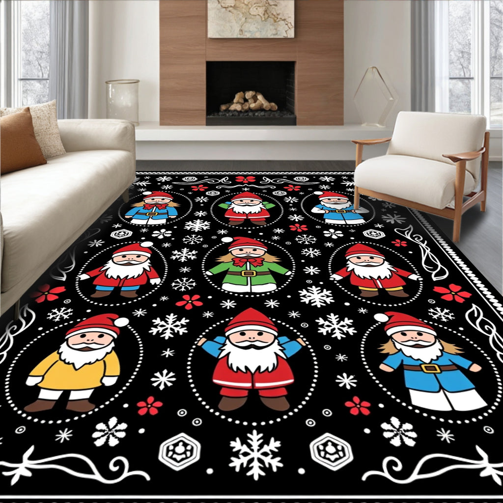 Festive Black Santa Claus Snowflakes Rug