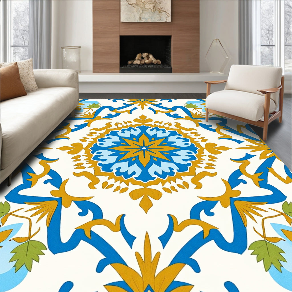 Radiant Blue Golden Floral Medallion Rug