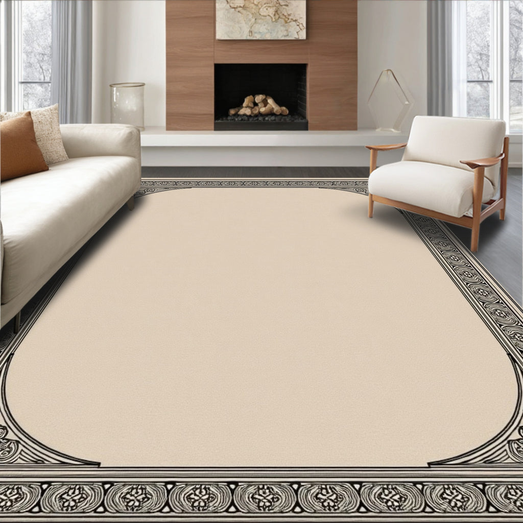 Ornate Black Cream Scroll Border Rug