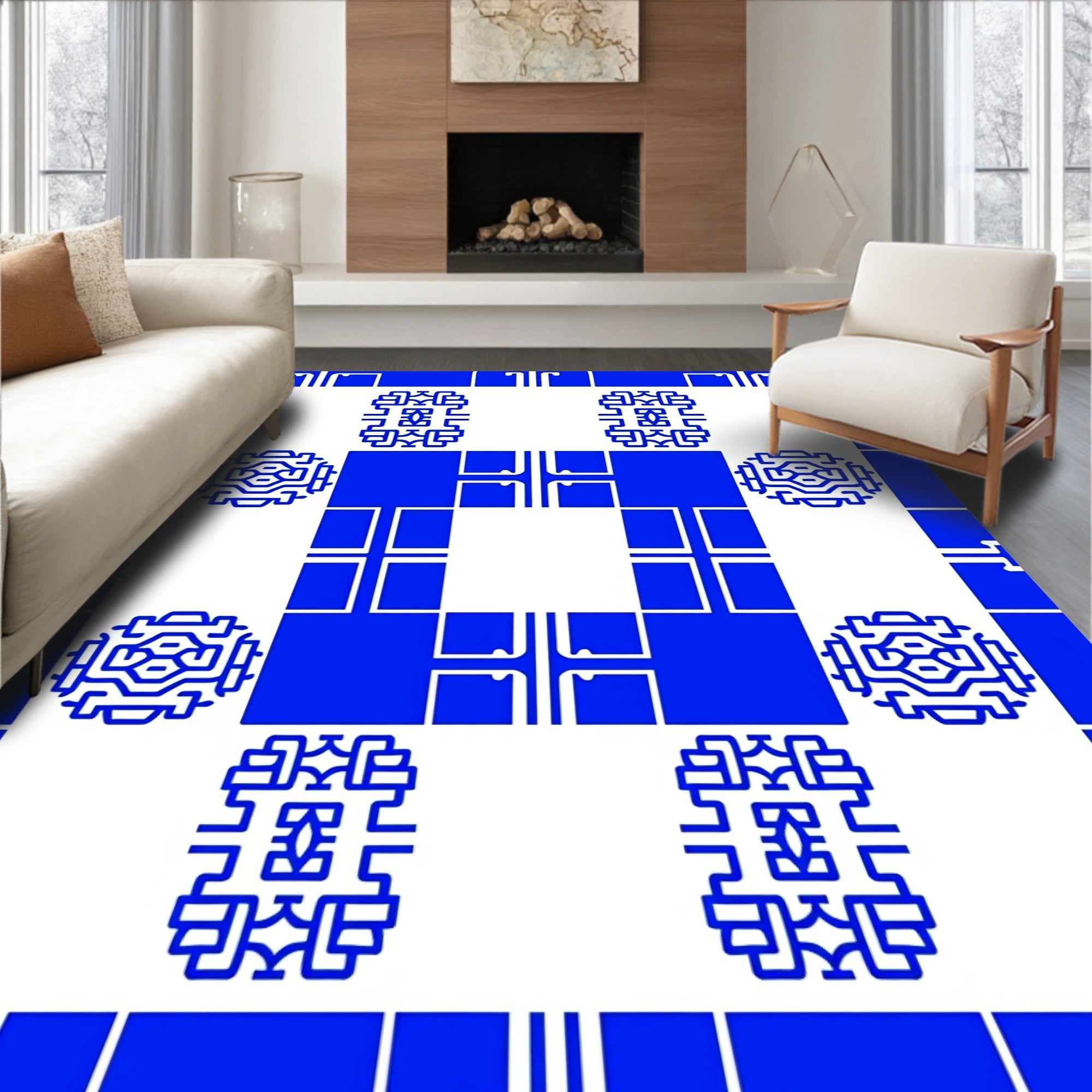 Vivid Blue Geometric Mosaic Rug