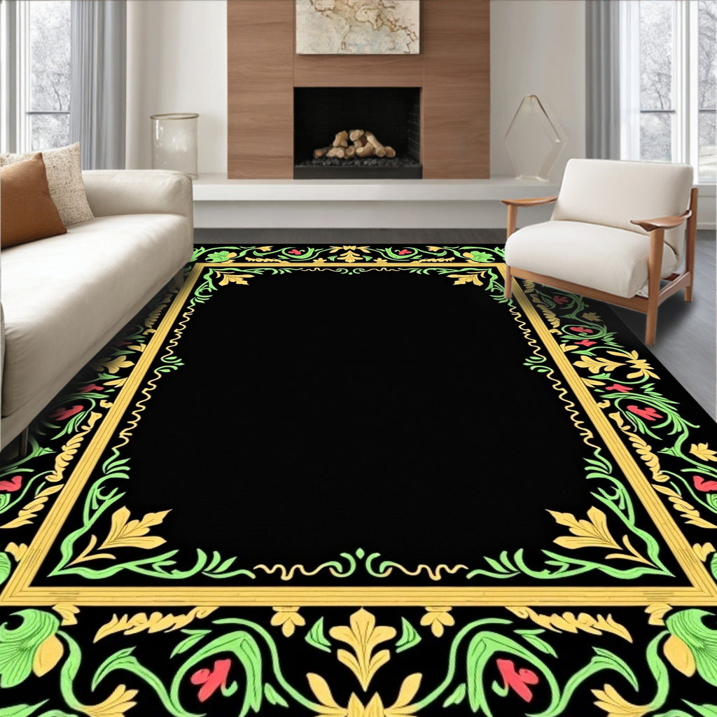 Ornate Gold Green Floral Border Rug