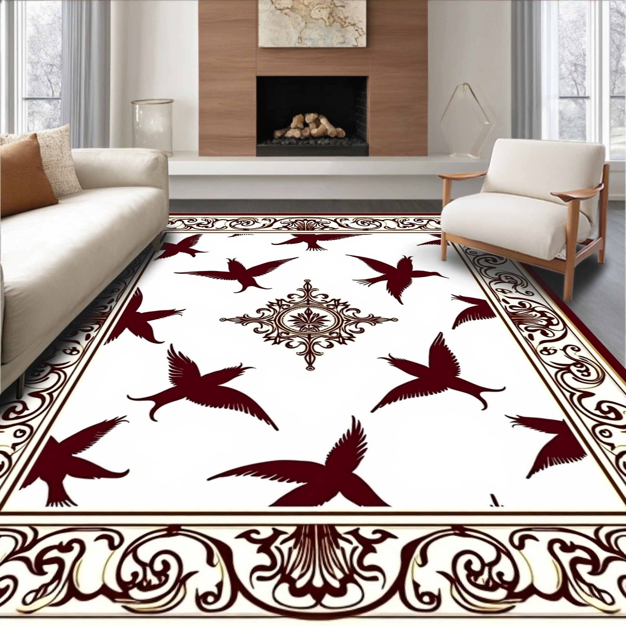 Crimson Birds With Ornate Border Rug