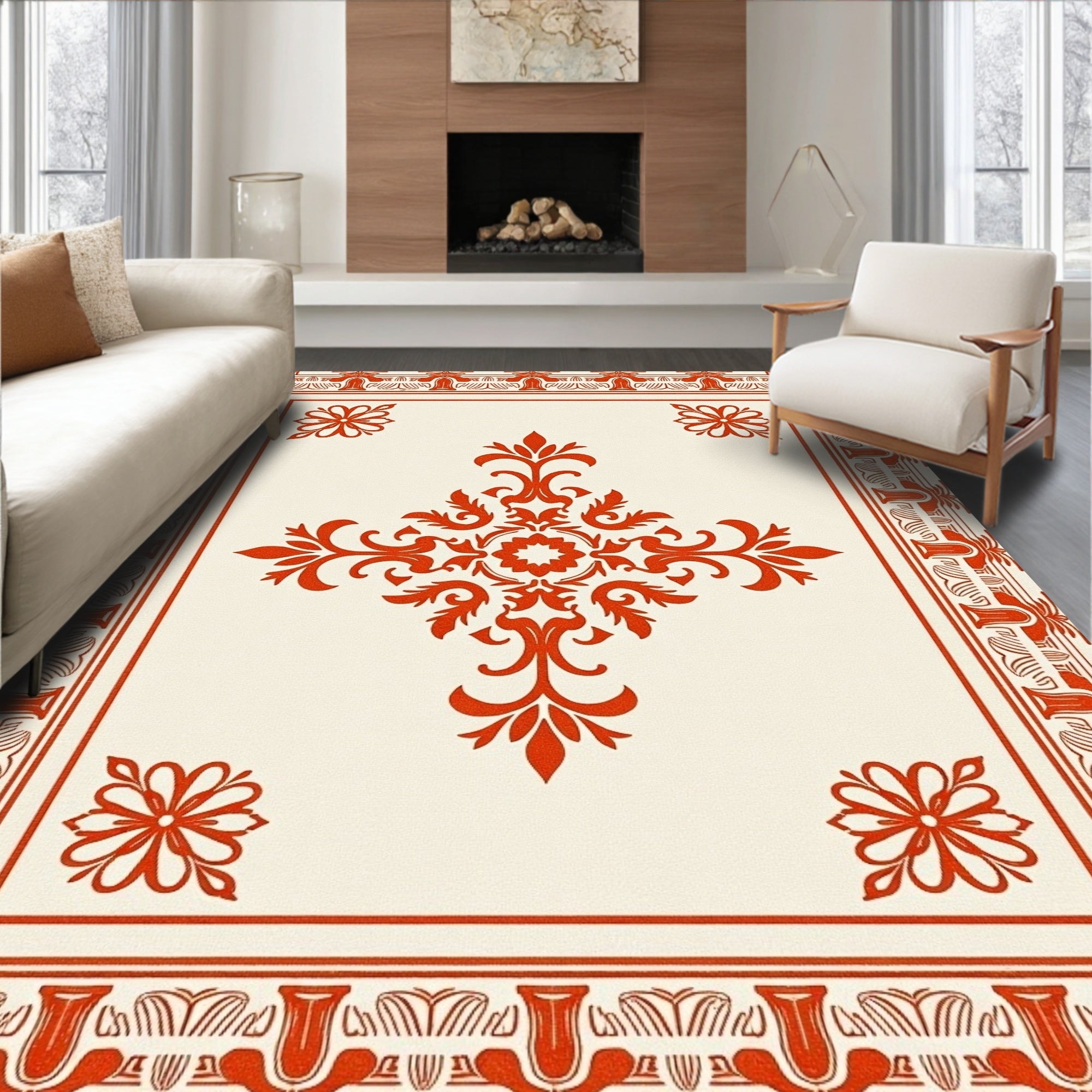 Ornate Crimson Flourish Border Rug