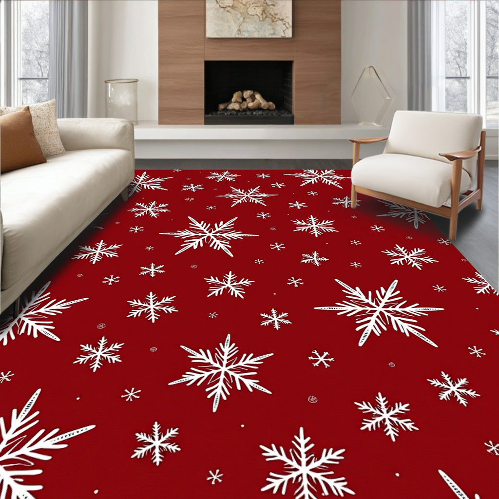 Winter White Snowflakes Red Background Rug