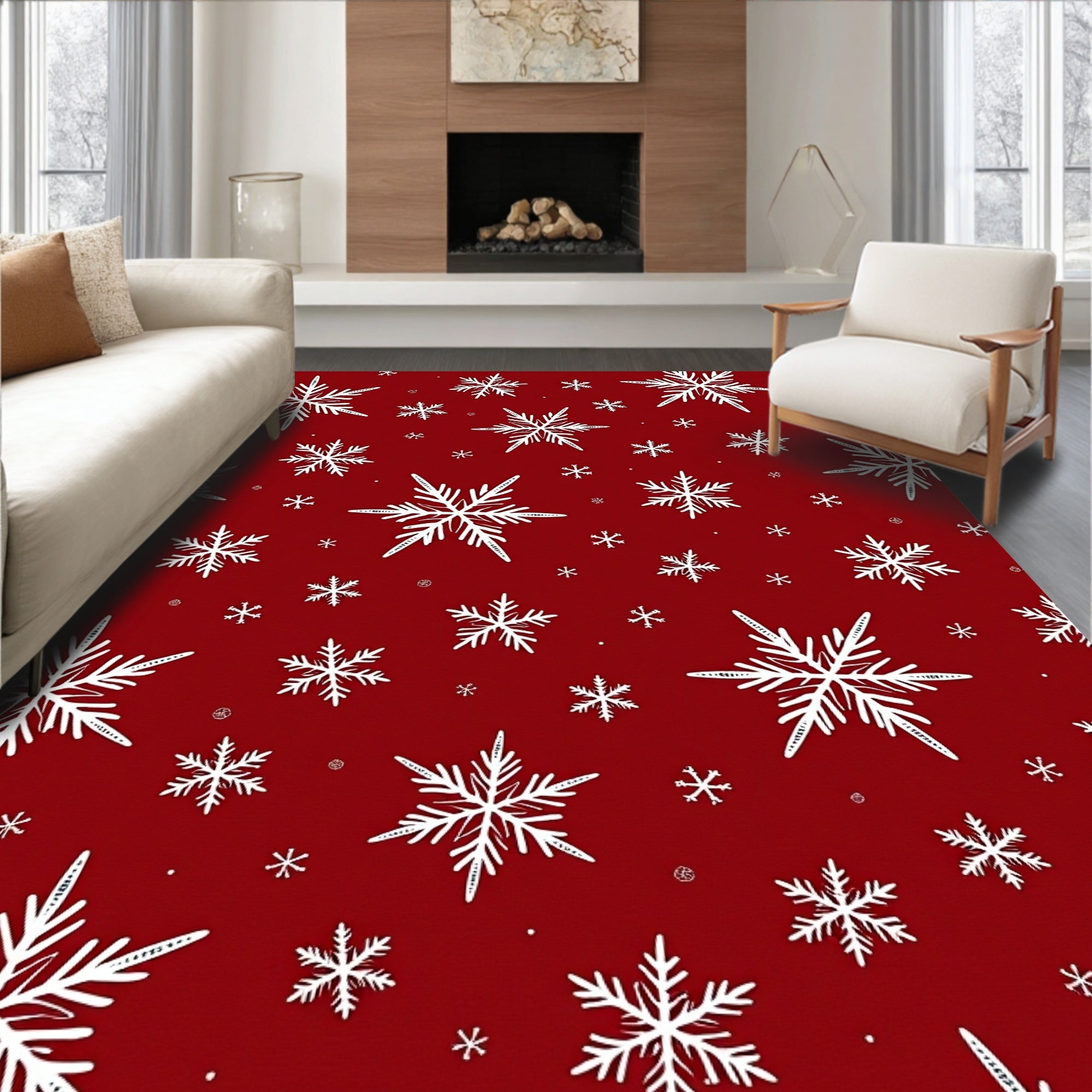 Winter White Snowflakes Red Background Rug