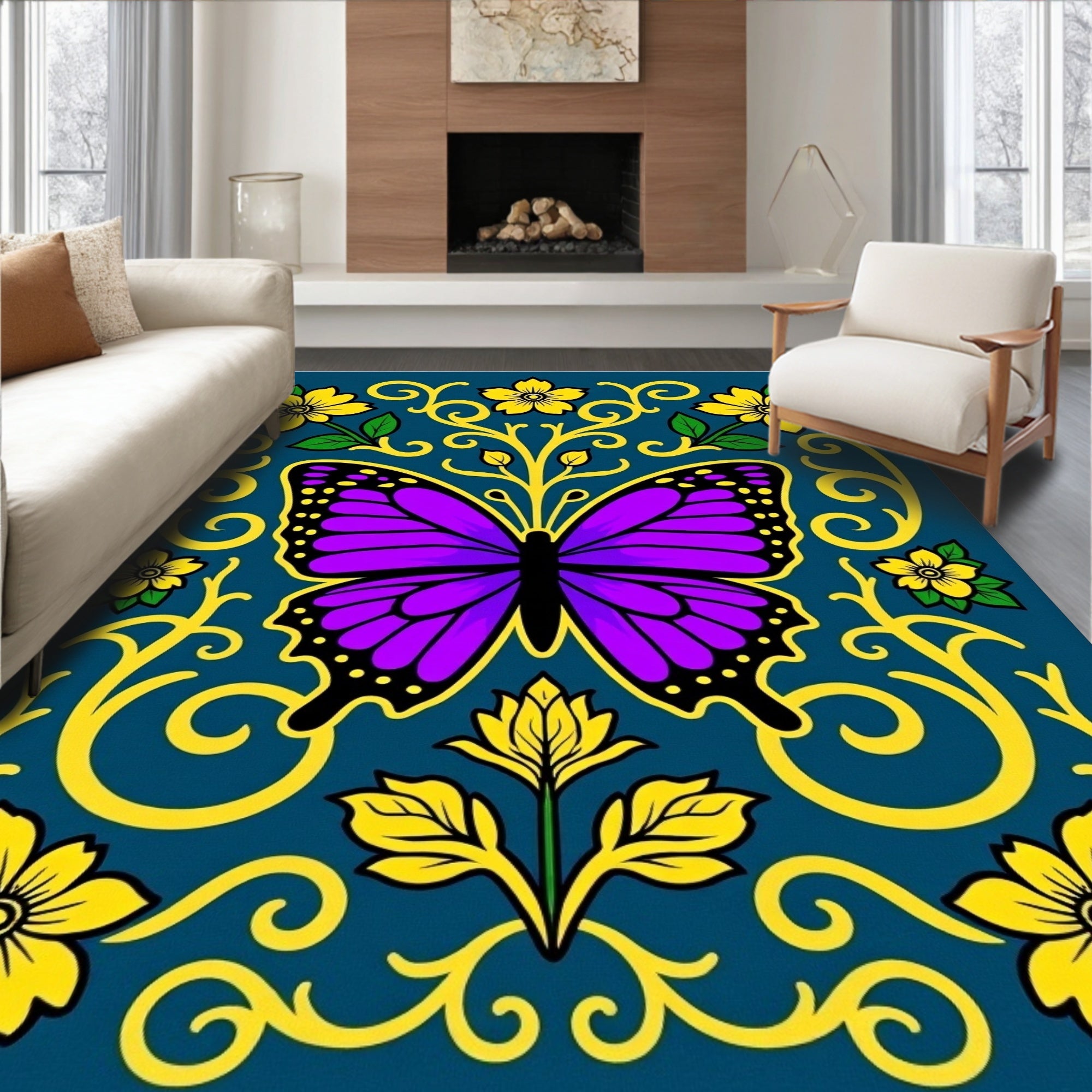 Majestic Purple Butterfly Yellow Floral Swirls Rug