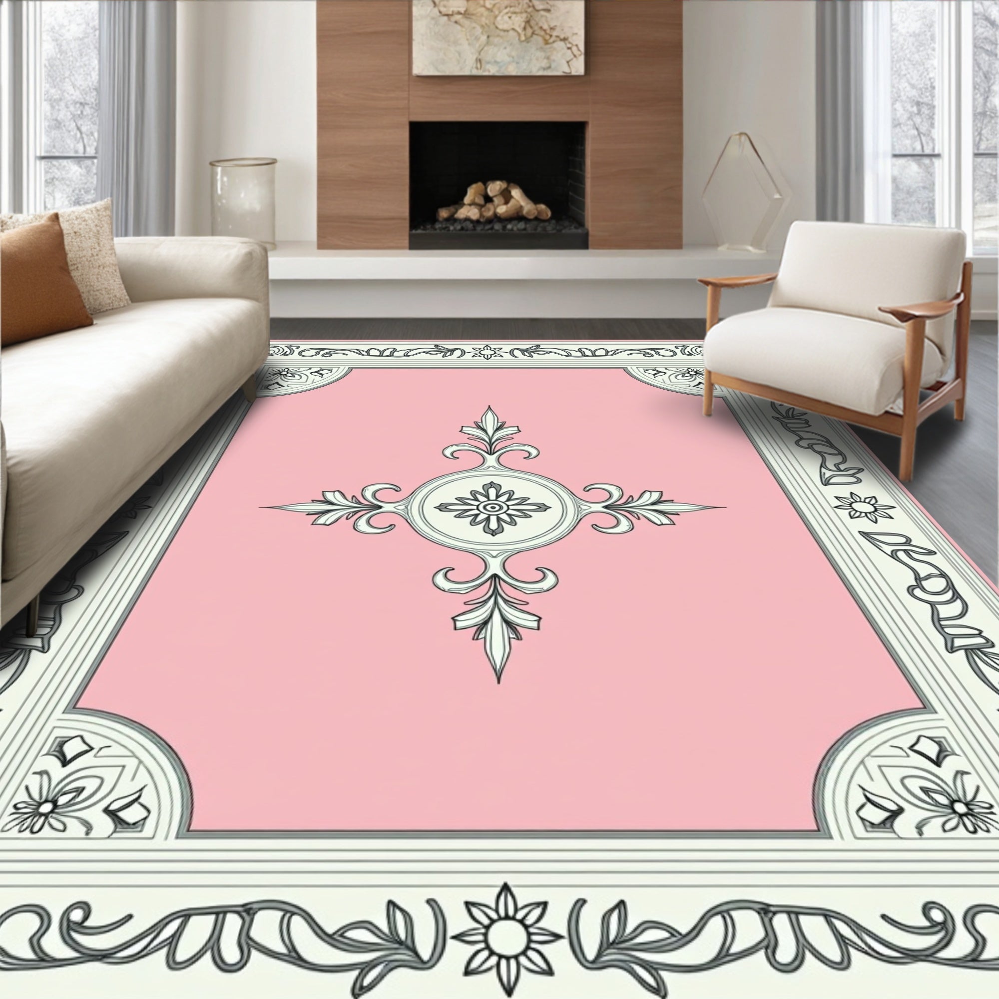 Elegant Pink Floral Border Medallion Rug