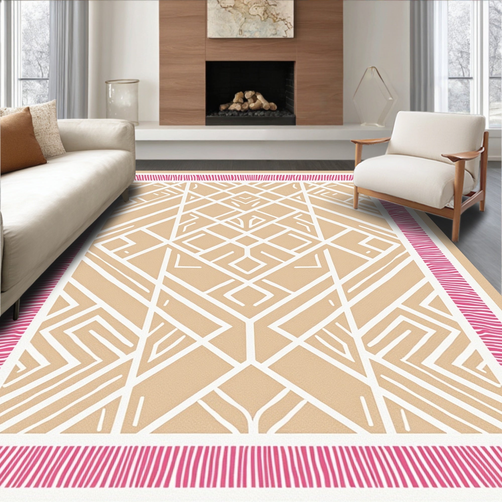 Chic Geometric Tan Pink Border Rug