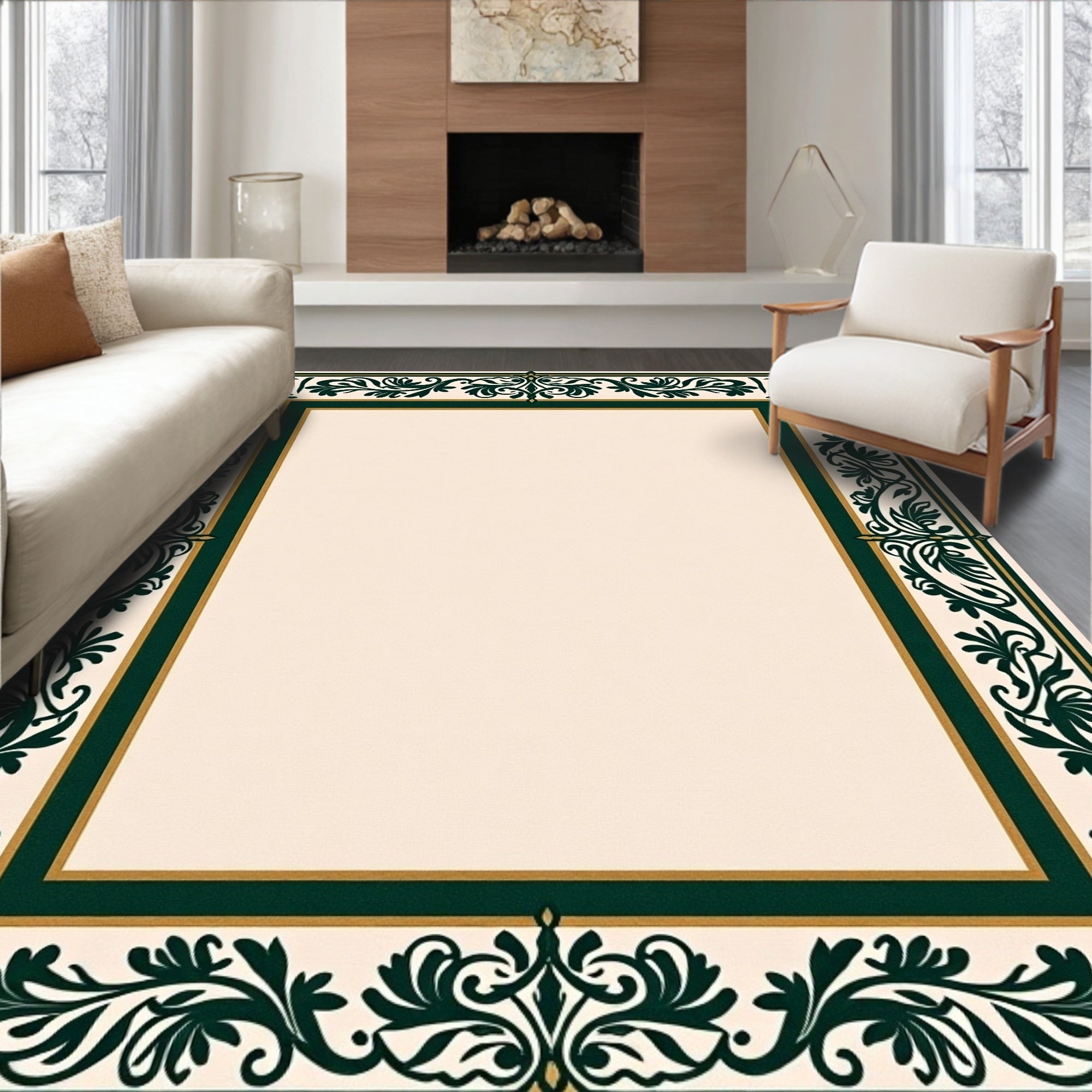 Ornate Scroll Border Cream Rug