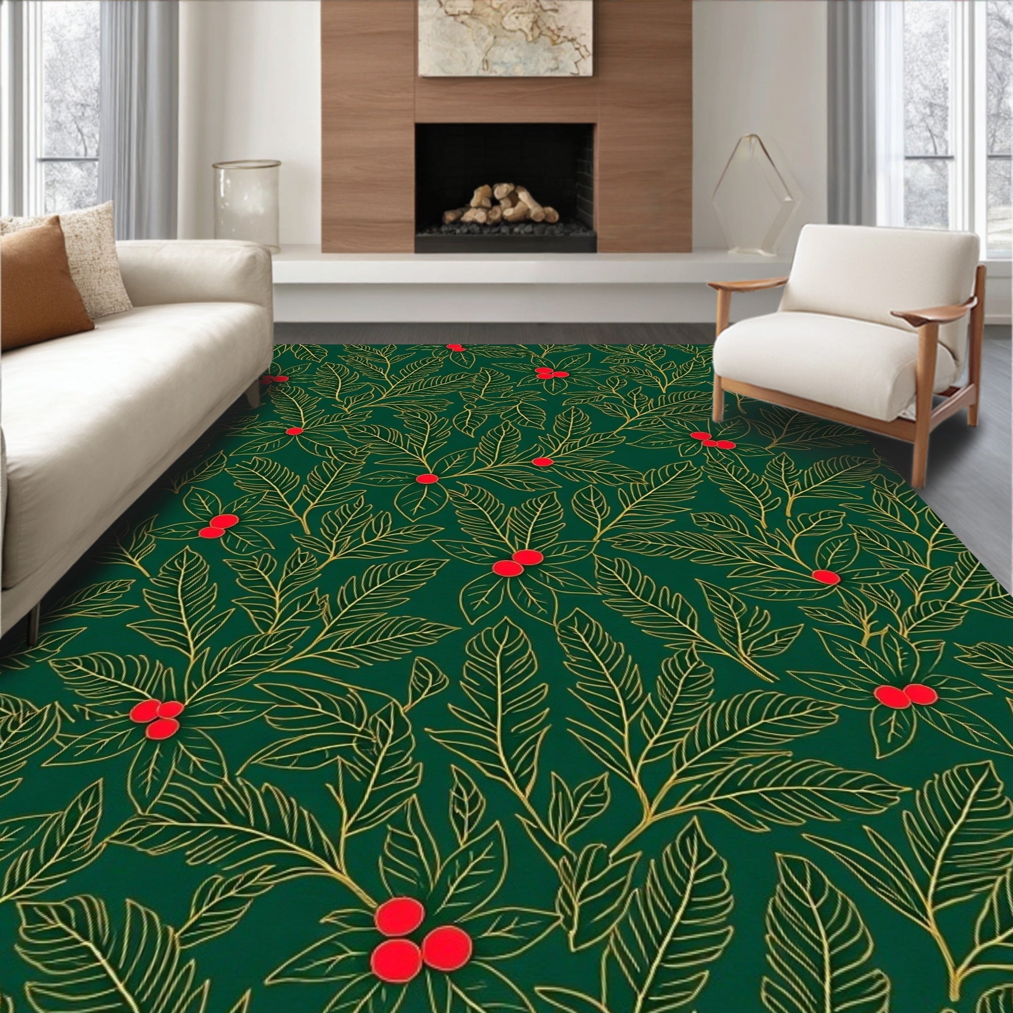 Emerald Holly Berry Leaf Vine Rug