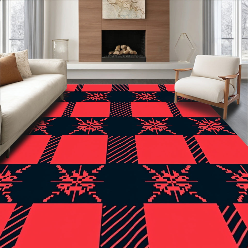 Red Black Snowflake Checkered Rug
