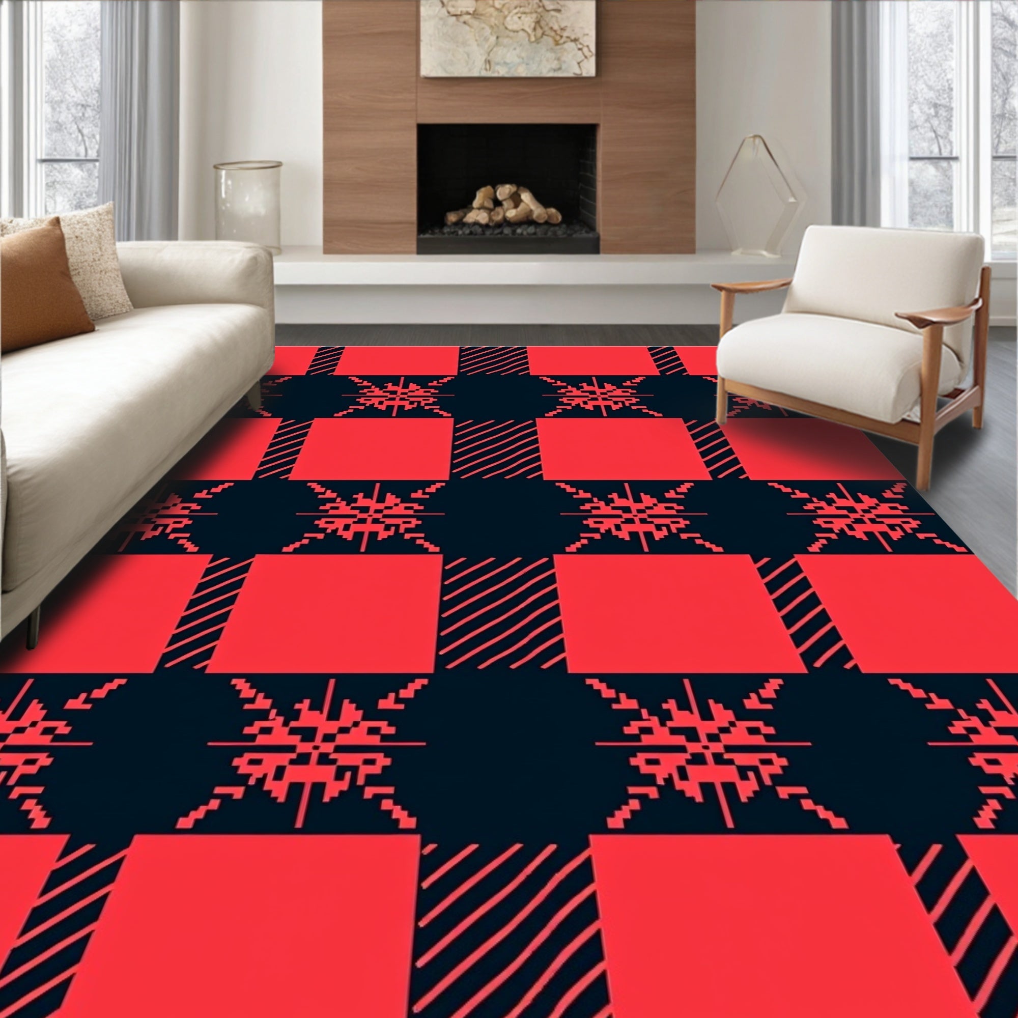 Red Black Snowflake Checkered Rug