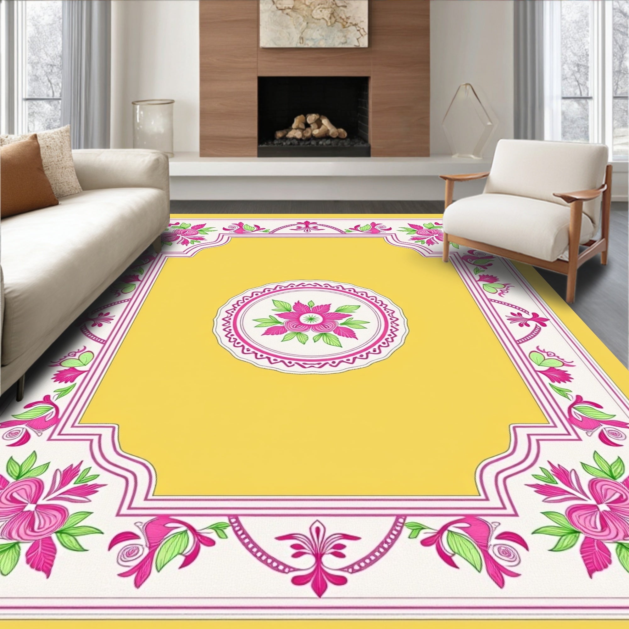 Vibrant Pink Floral Yellow Border Rug