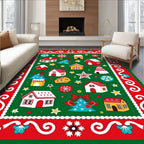 Festive Red Green Village Christmas Rug