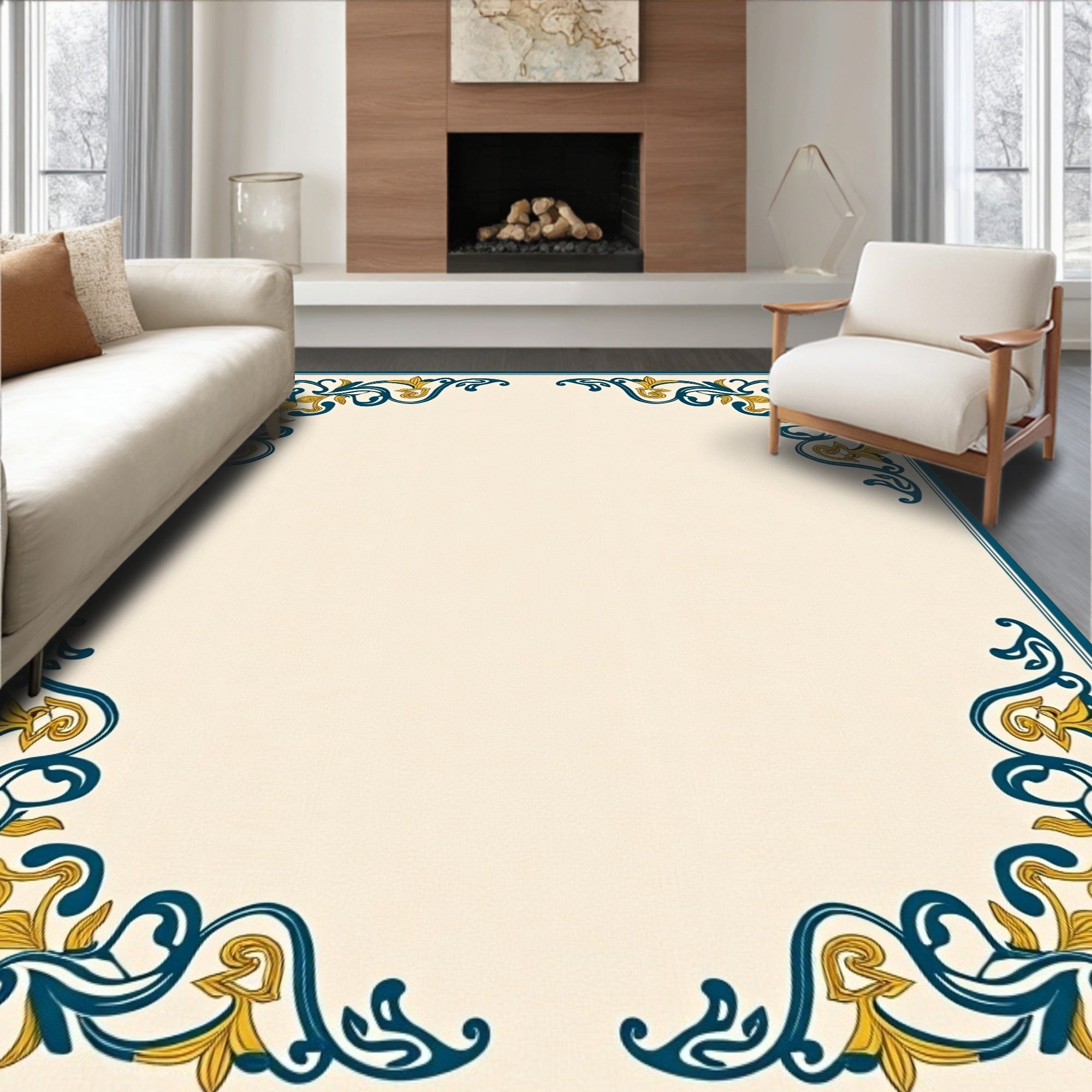 Ornate Teal Golden Filigree Corner Rug