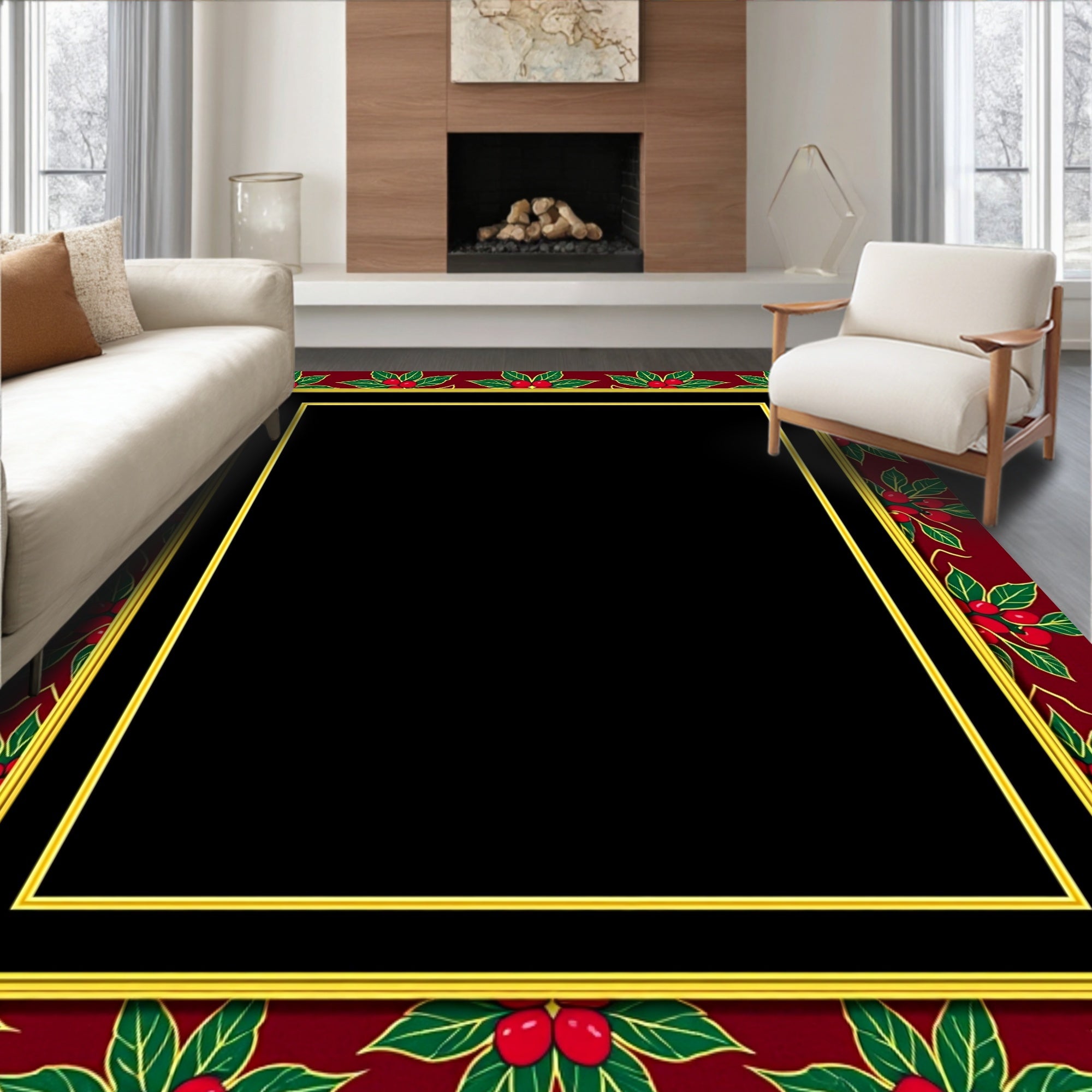 Classic Red Holly Berry Border Rug