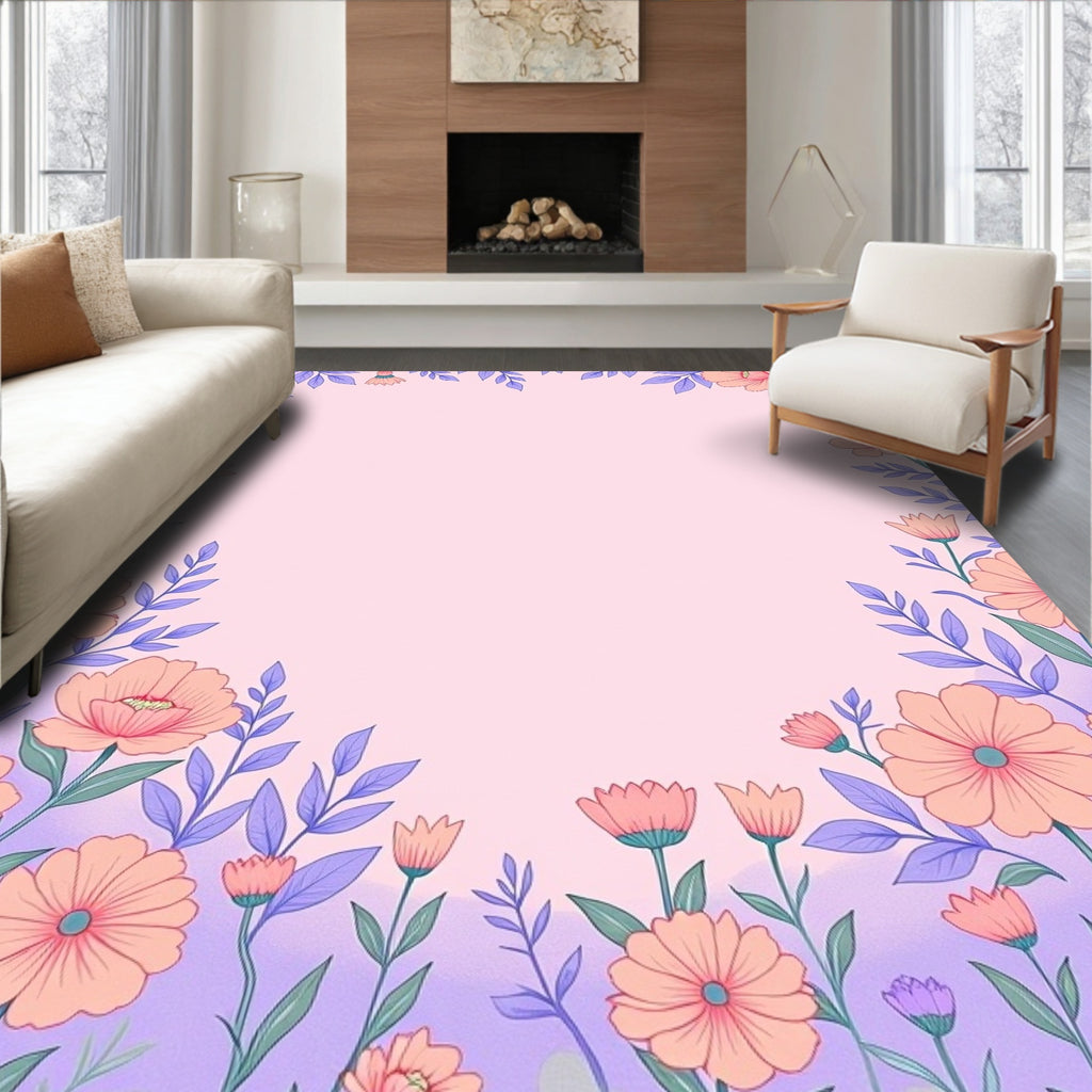 Pastel Peach Floral Border Meadow Rug