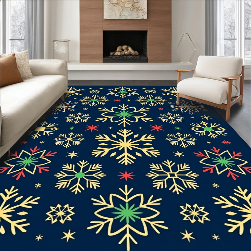 Gold Snowflake Star Red Green Motif Rug