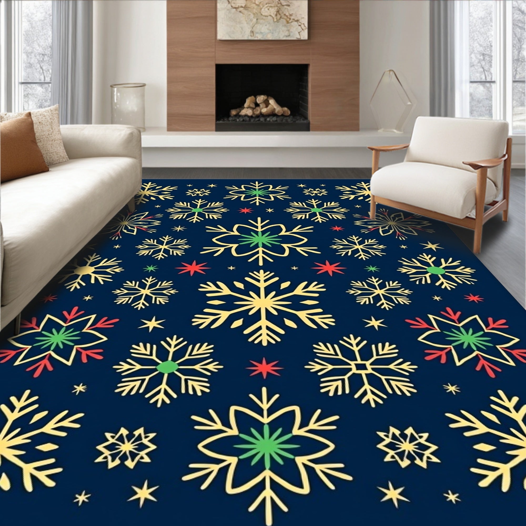 Gold Snowflake Star Red Green Motif Rug