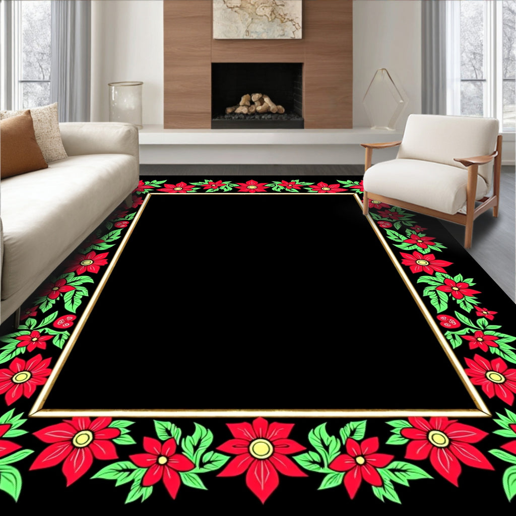 Red Floral Border Emerald Leaves Rug