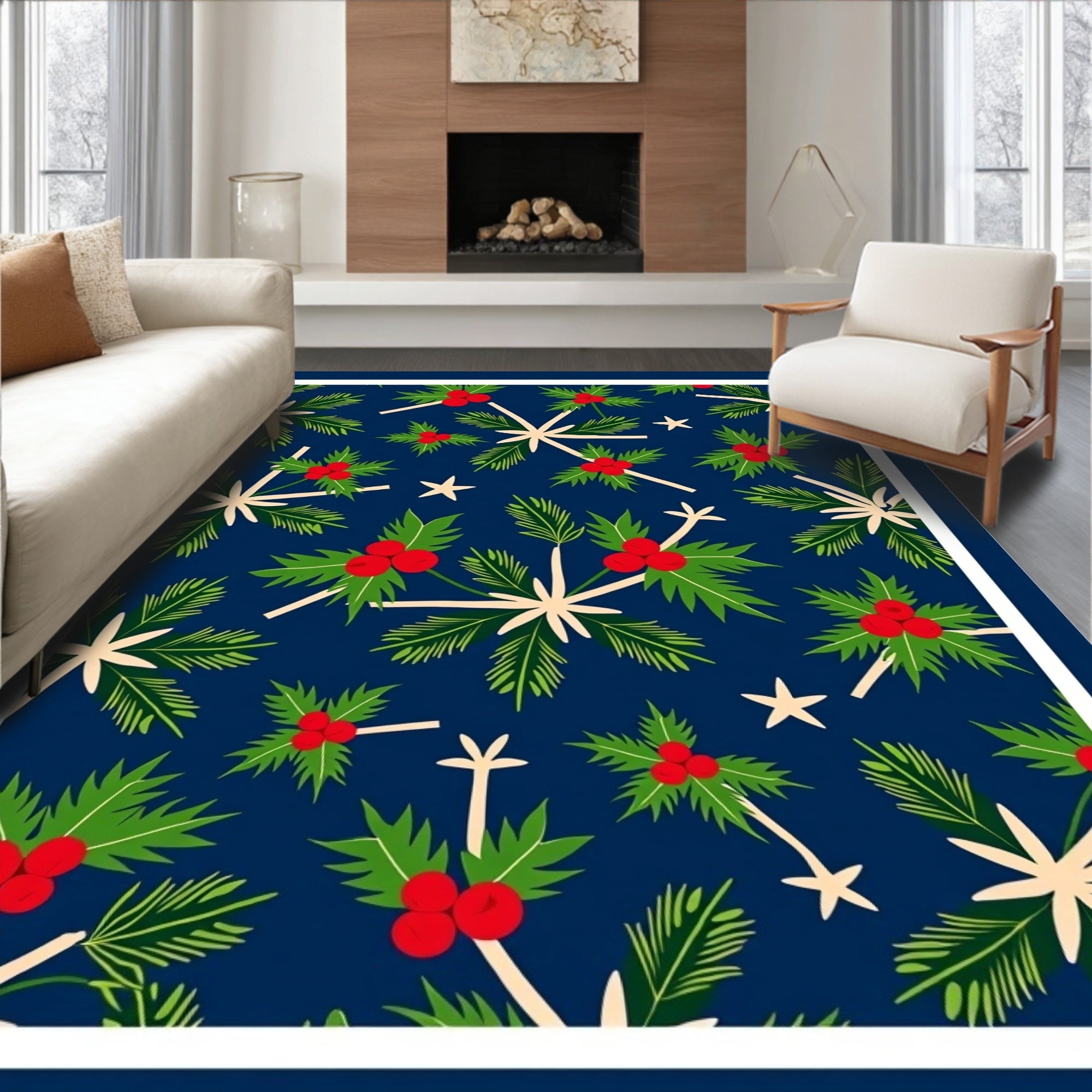 Festive Holly Berry Starry Navy Rug