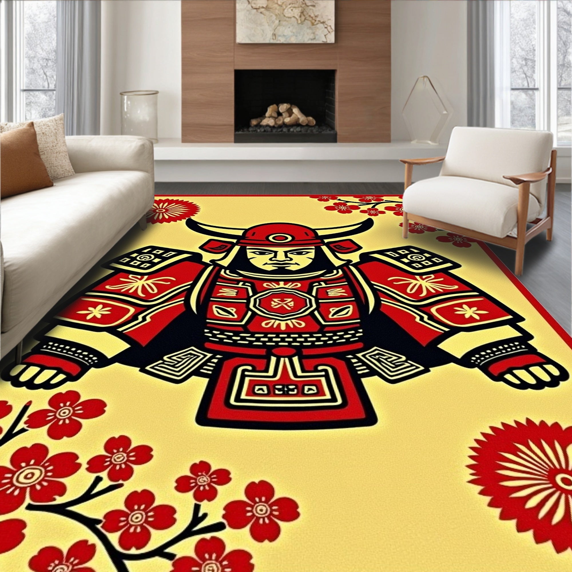 Crimson Samurai Warrior Cherry Blossom Rug