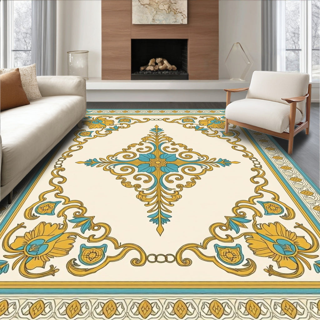 Golden Teal Floral Medallion Border Rug