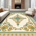 Golden Teal Floral Medallion Border Rug