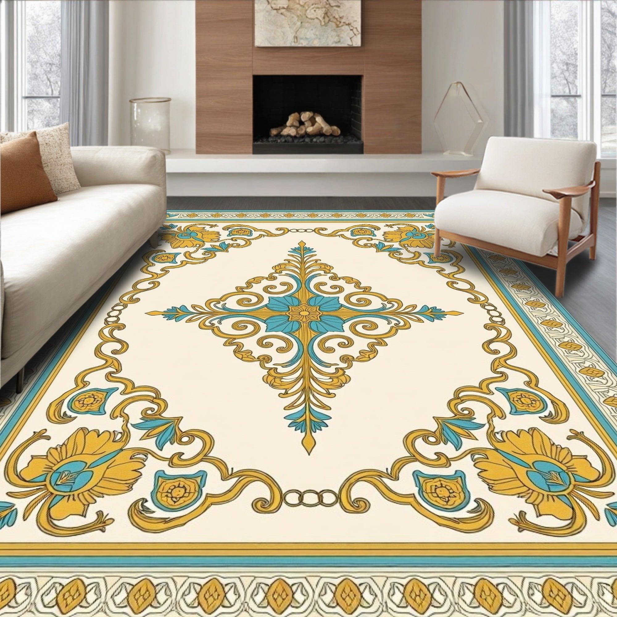Golden Teal Floral Medallion Border Rug