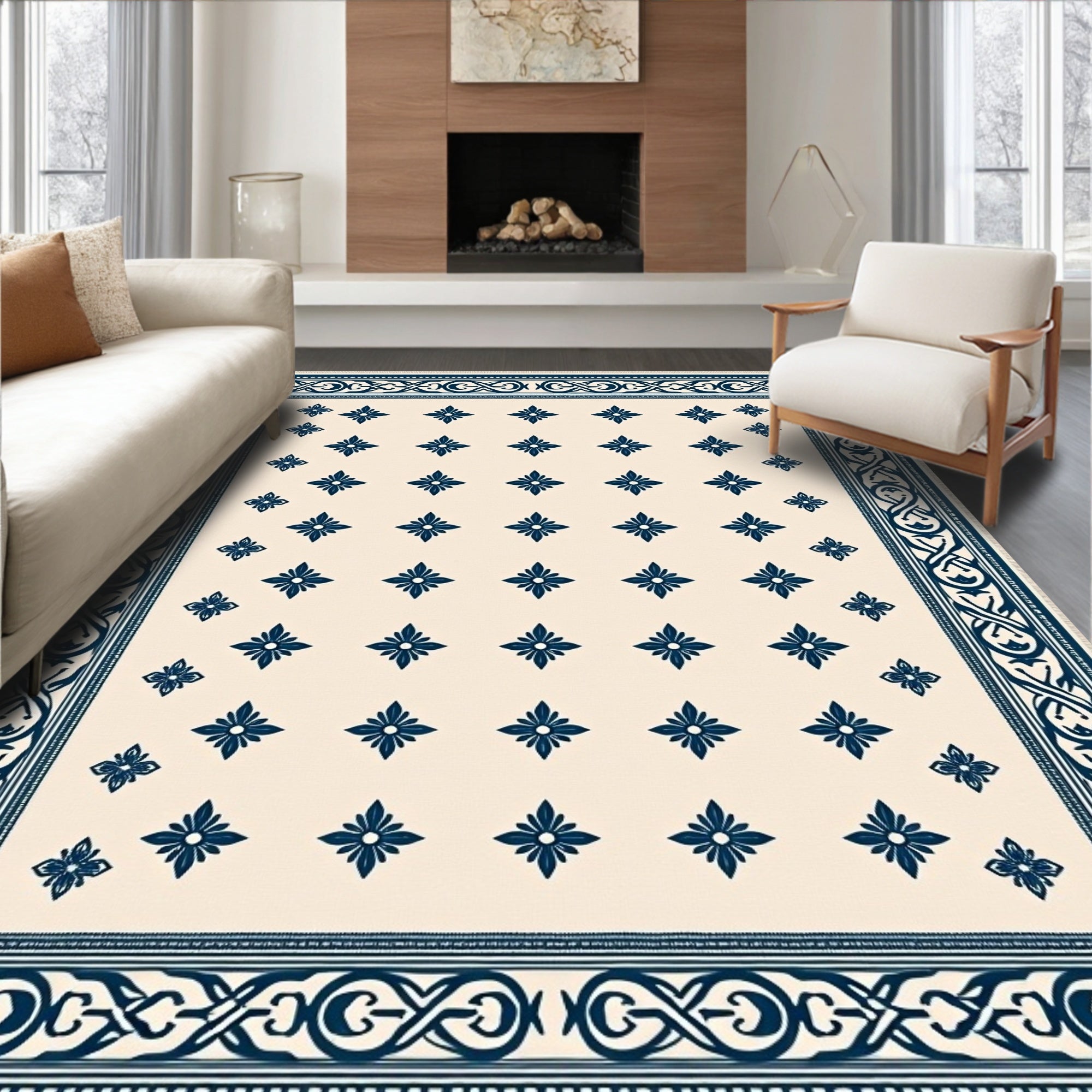 Cream Navy Floral Border Medallion Rug