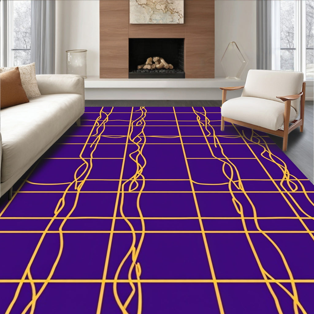Golden Grid Wavy Lines Rug