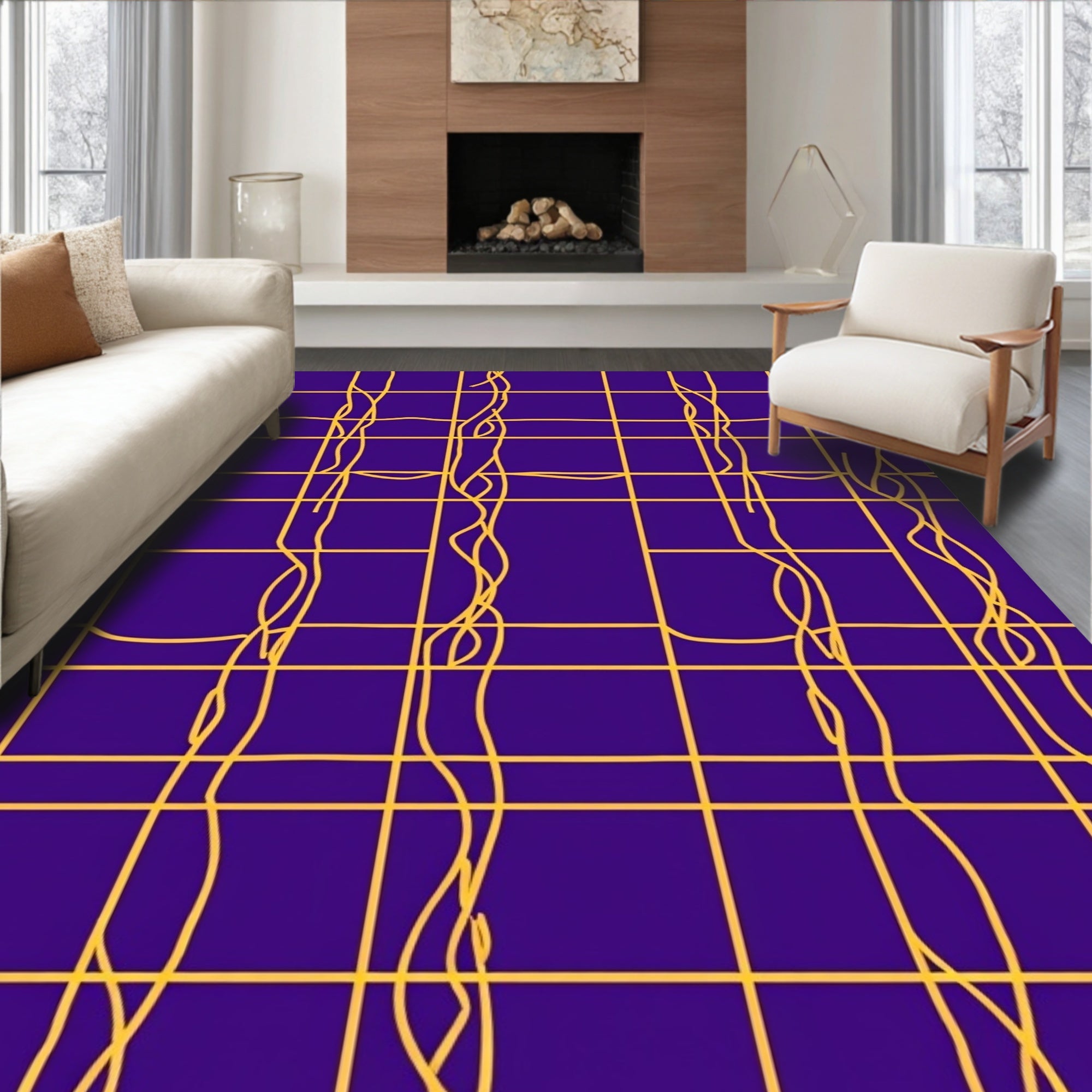 Golden Grid Wavy Lines Rug