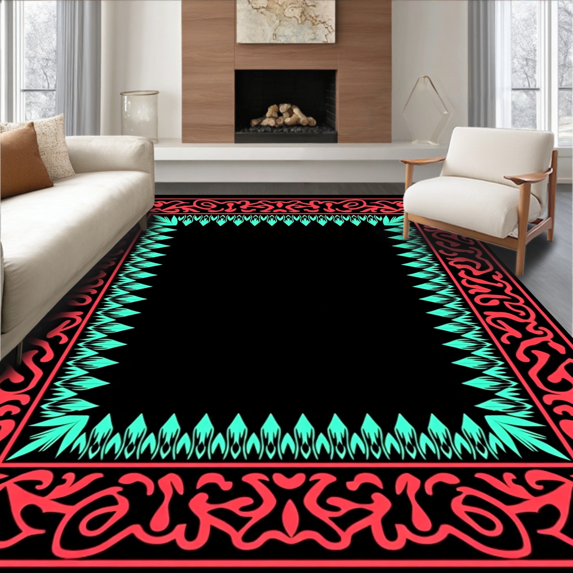 Coral Aqua Organic Border Square Rug
