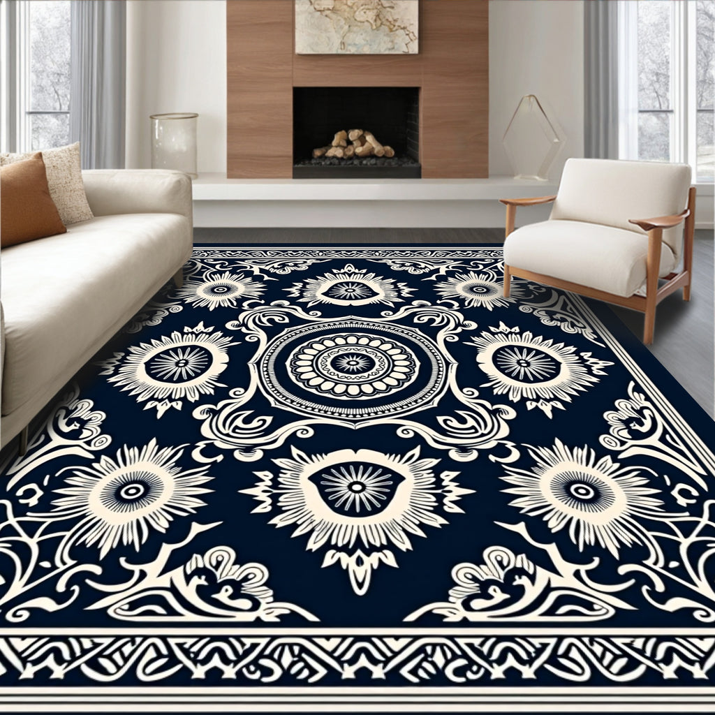 Navy Ivory Floral Sun Mandala Rug