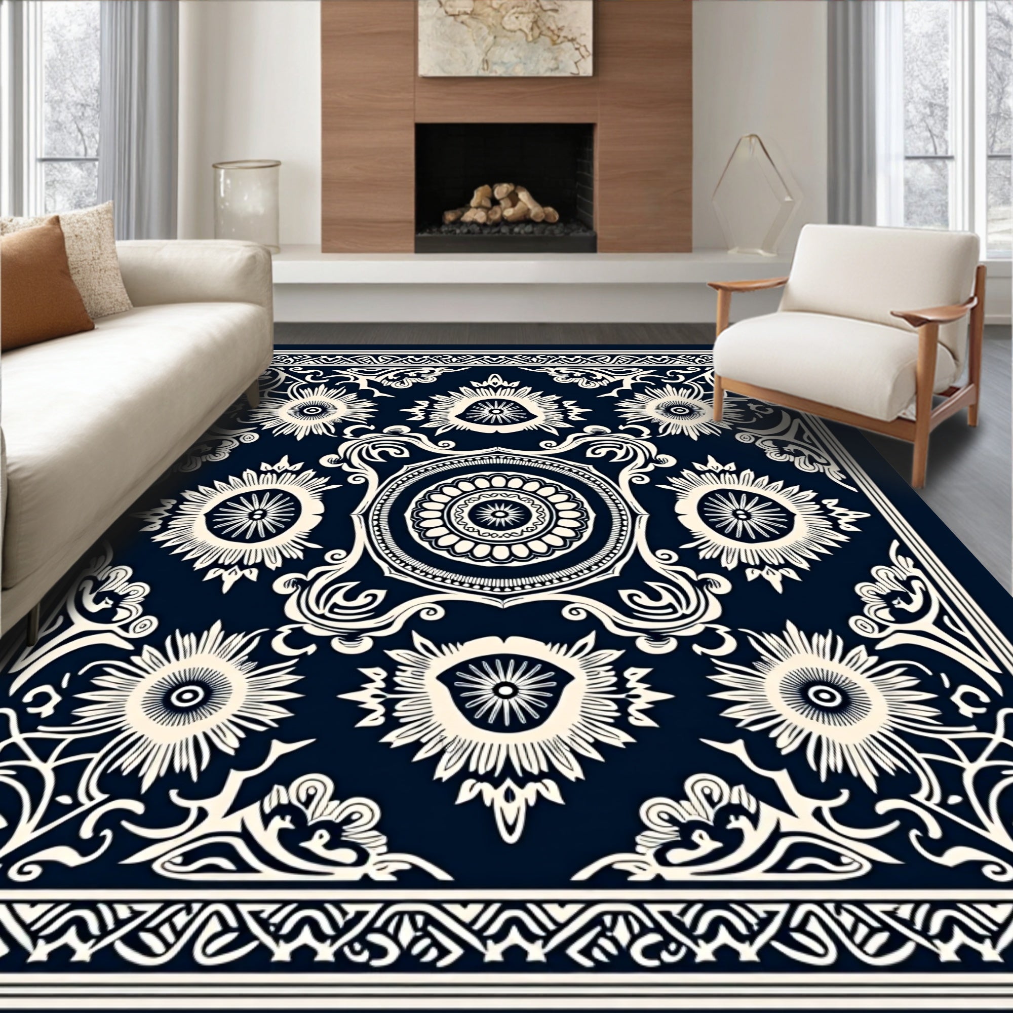 Navy Ivory Floral Sun Mandala Rug
