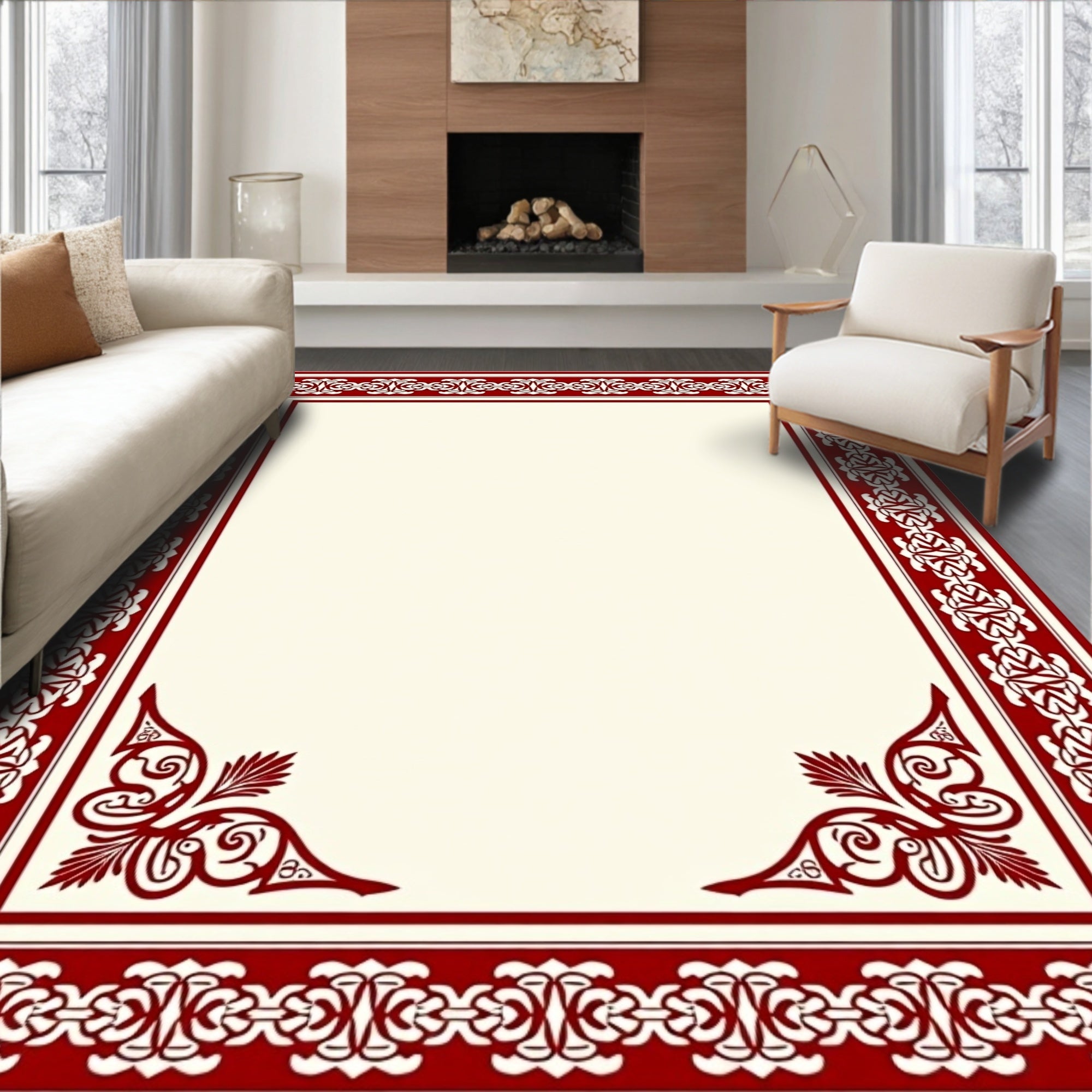 Crimson Decorative Bordered Rectangular Rug