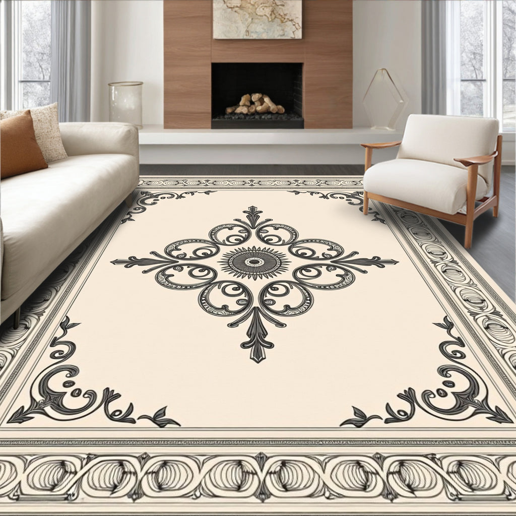 Ornate Ivory and Dark Gray Medallion Rug