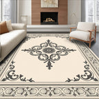 Ornate Ivory and Dark Gray Medallion Rug