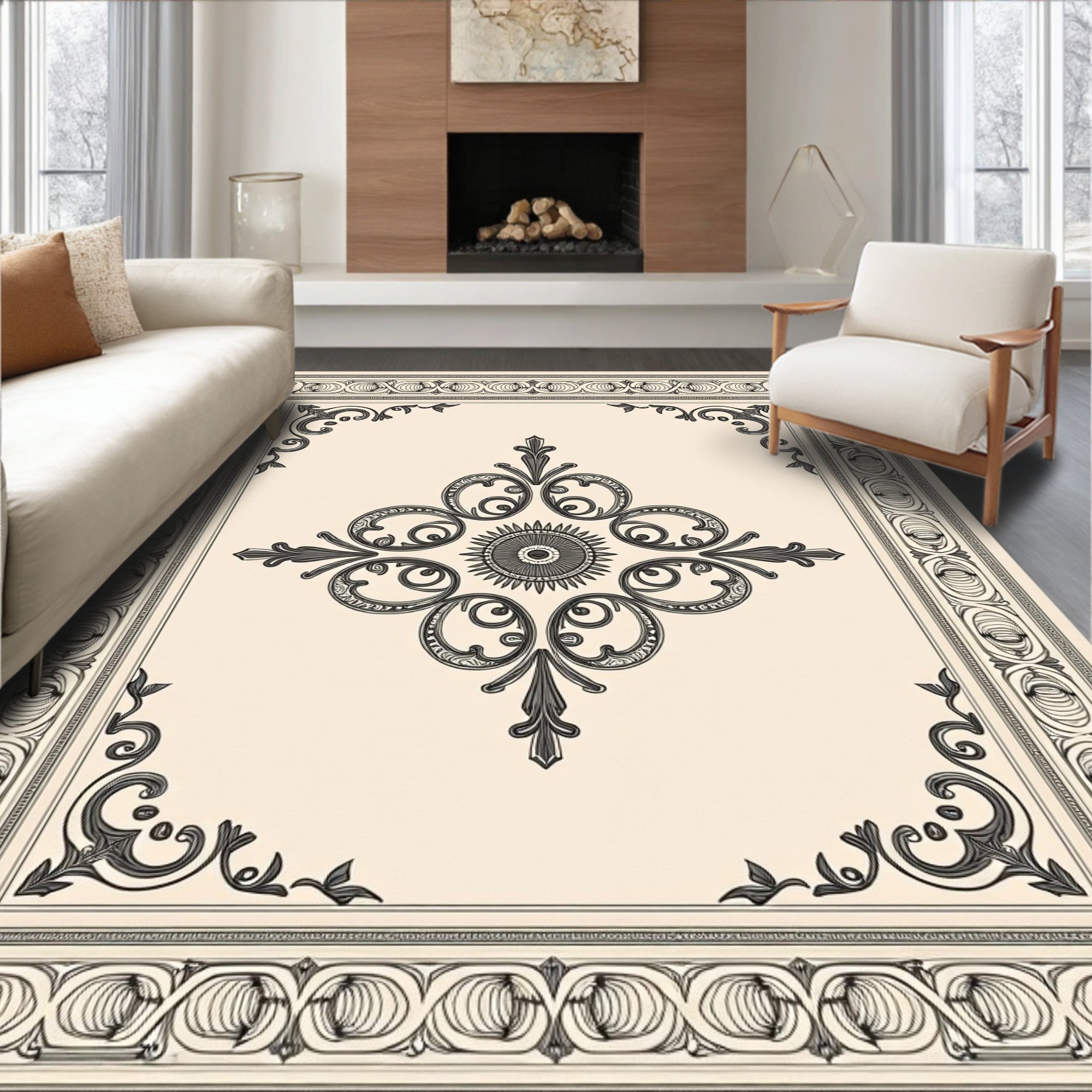 Ornate Ivory and Dark Gray Medallion Rug