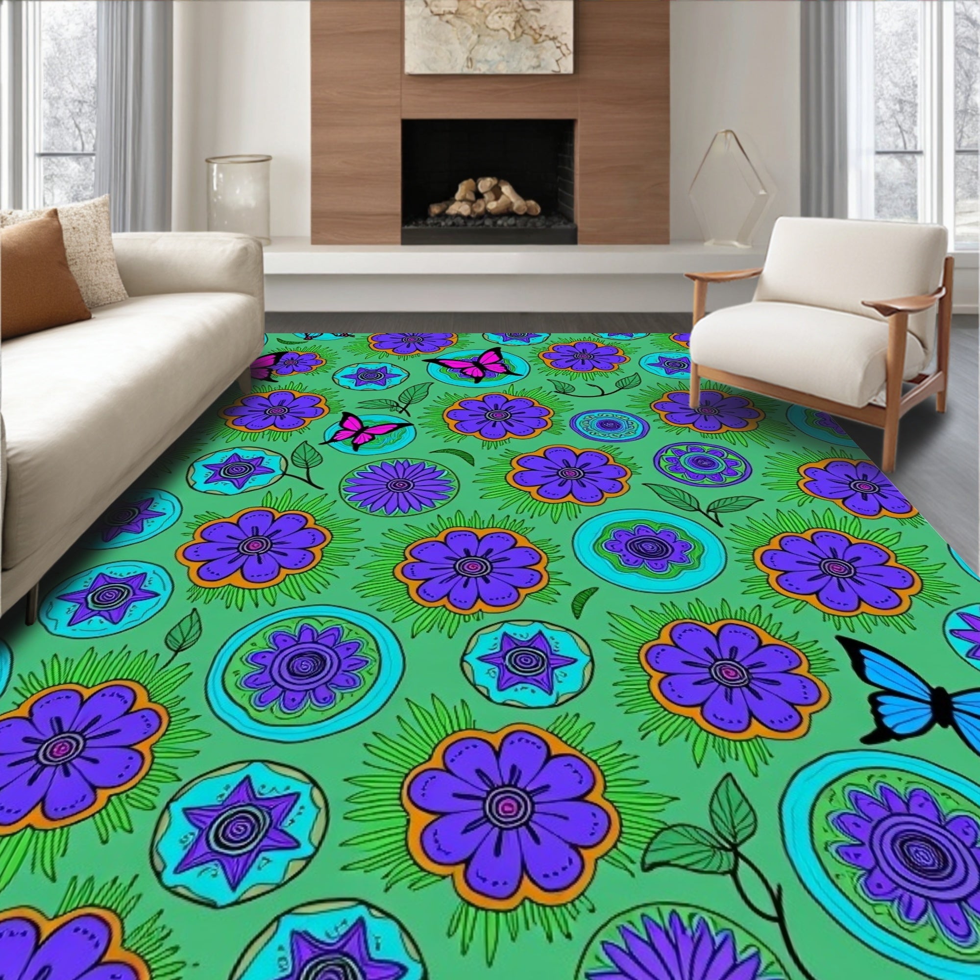 Vibrant Purple Flower Butterfly Garden Rug