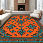 Orange Teal Floral Bloom Medallion Rug
