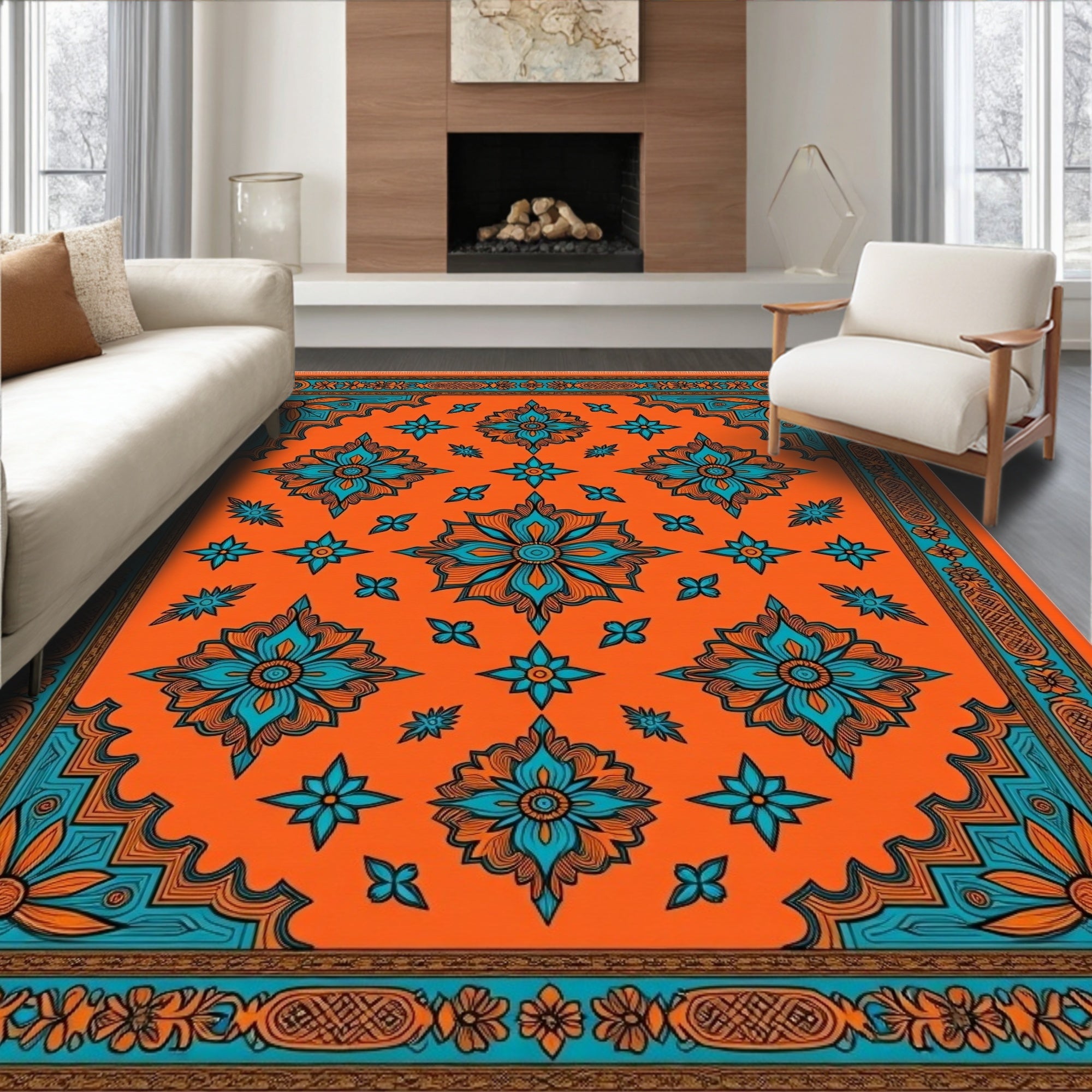 Orange Teal Floral Bloom Medallion Rug