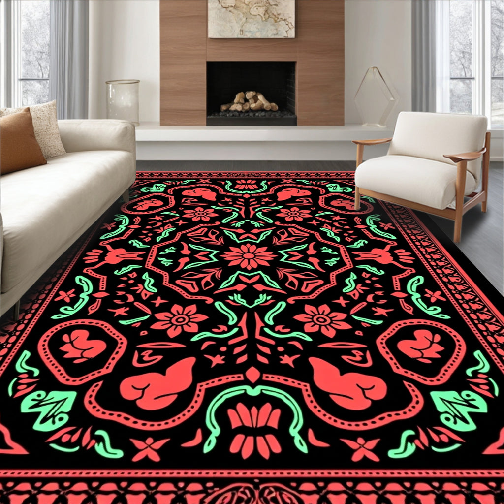 Coral Mint Black Symmetrical Floral Rug