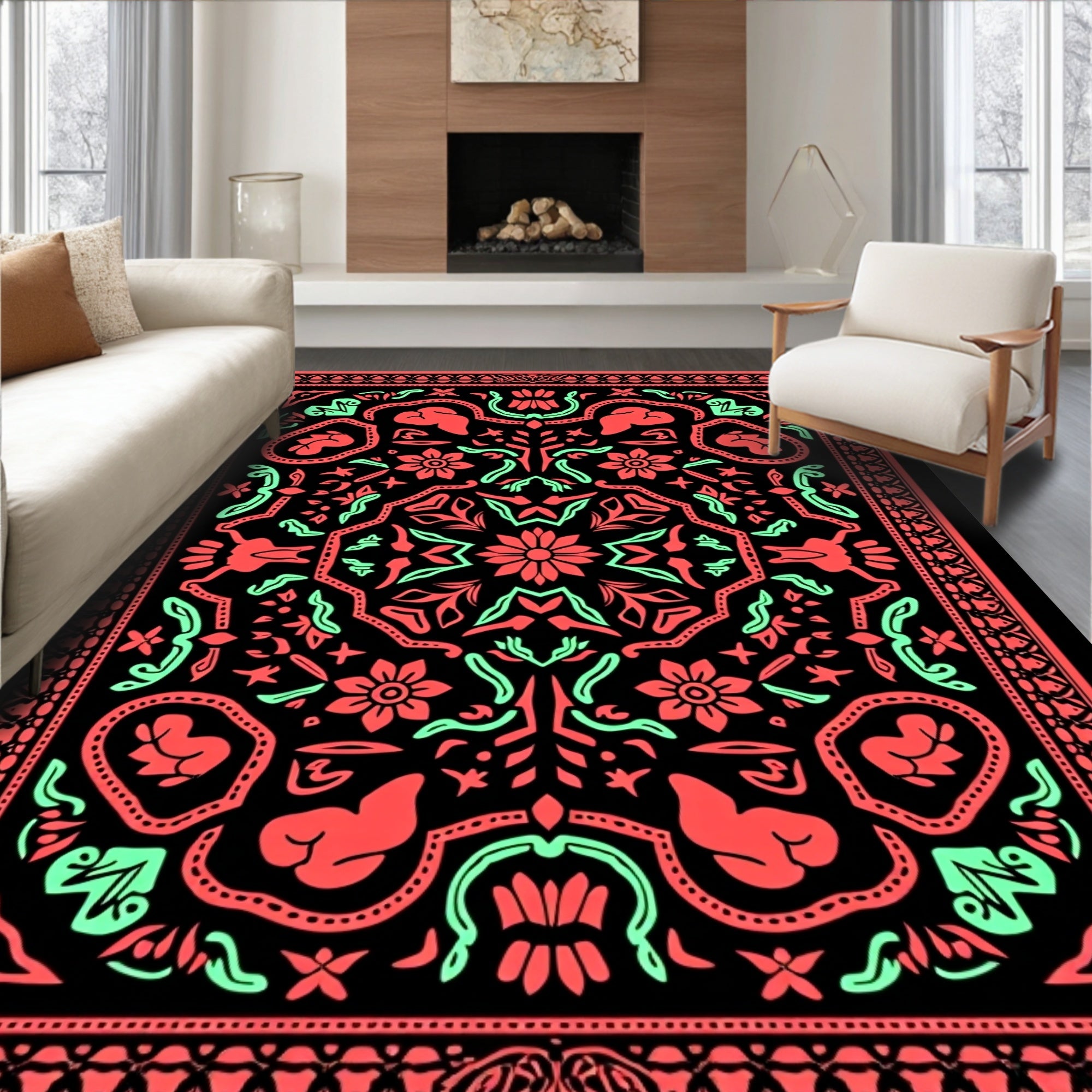 Coral Mint Black Symmetrical Floral Rug