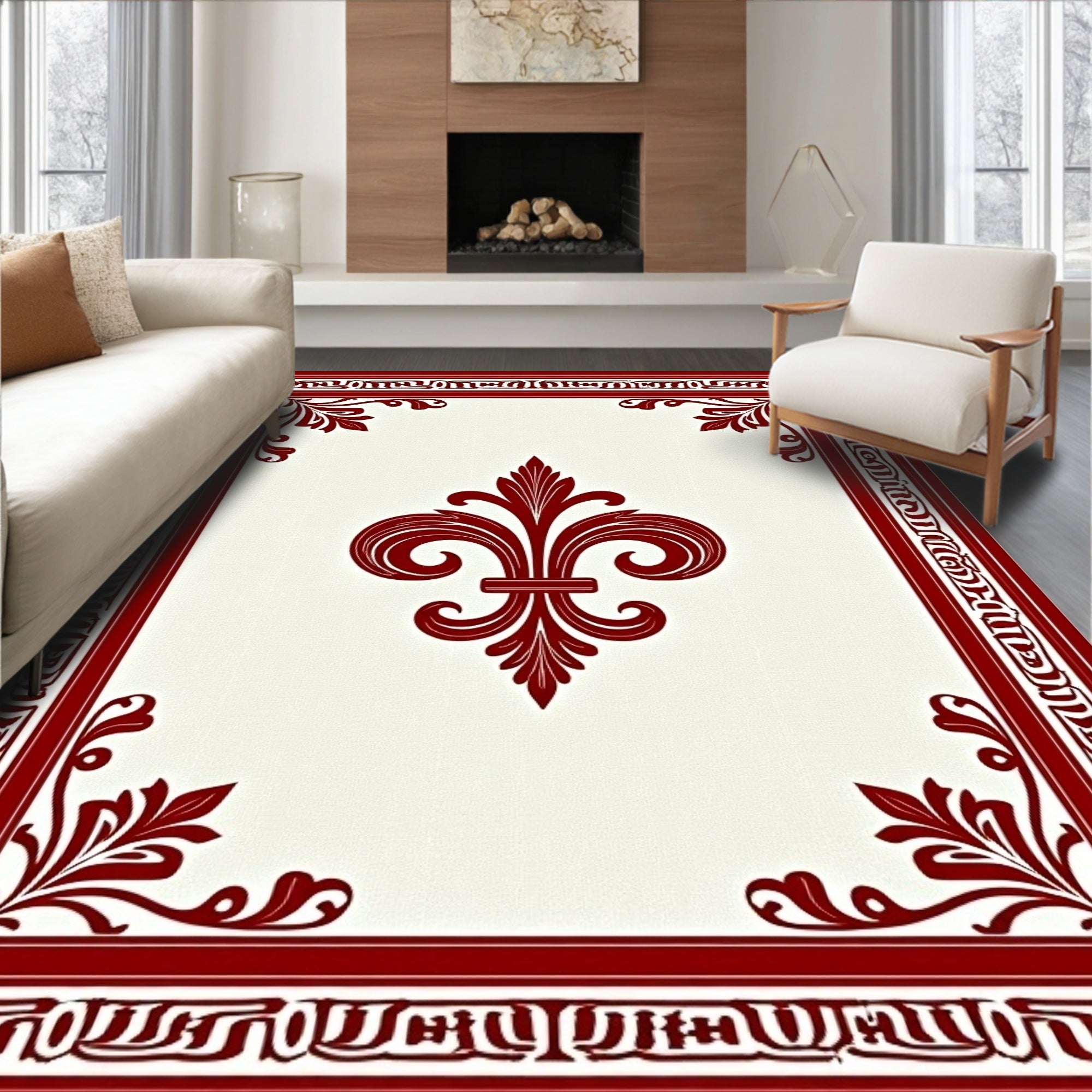 Crimson Fleur De Lis Border Rug