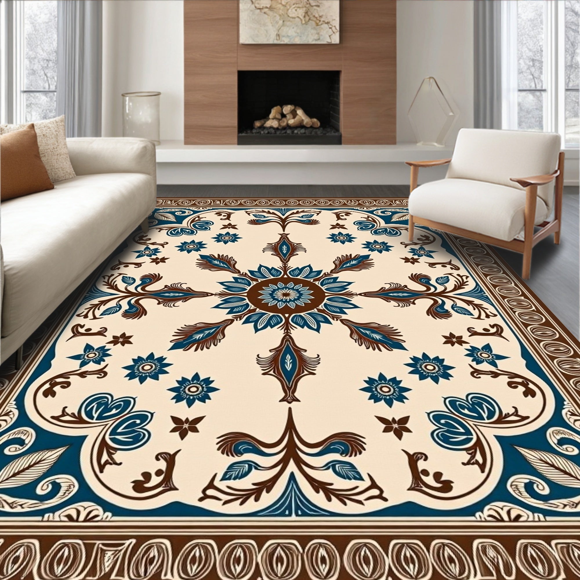 Classic Blue Brown Floral Medallion Rug