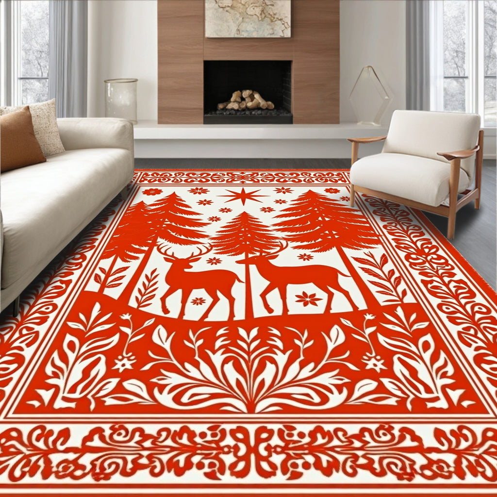 Bold Red Deer Forest Woodland Scene Rug