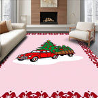 Red Vintage Truck Christmas Trees Border Rug