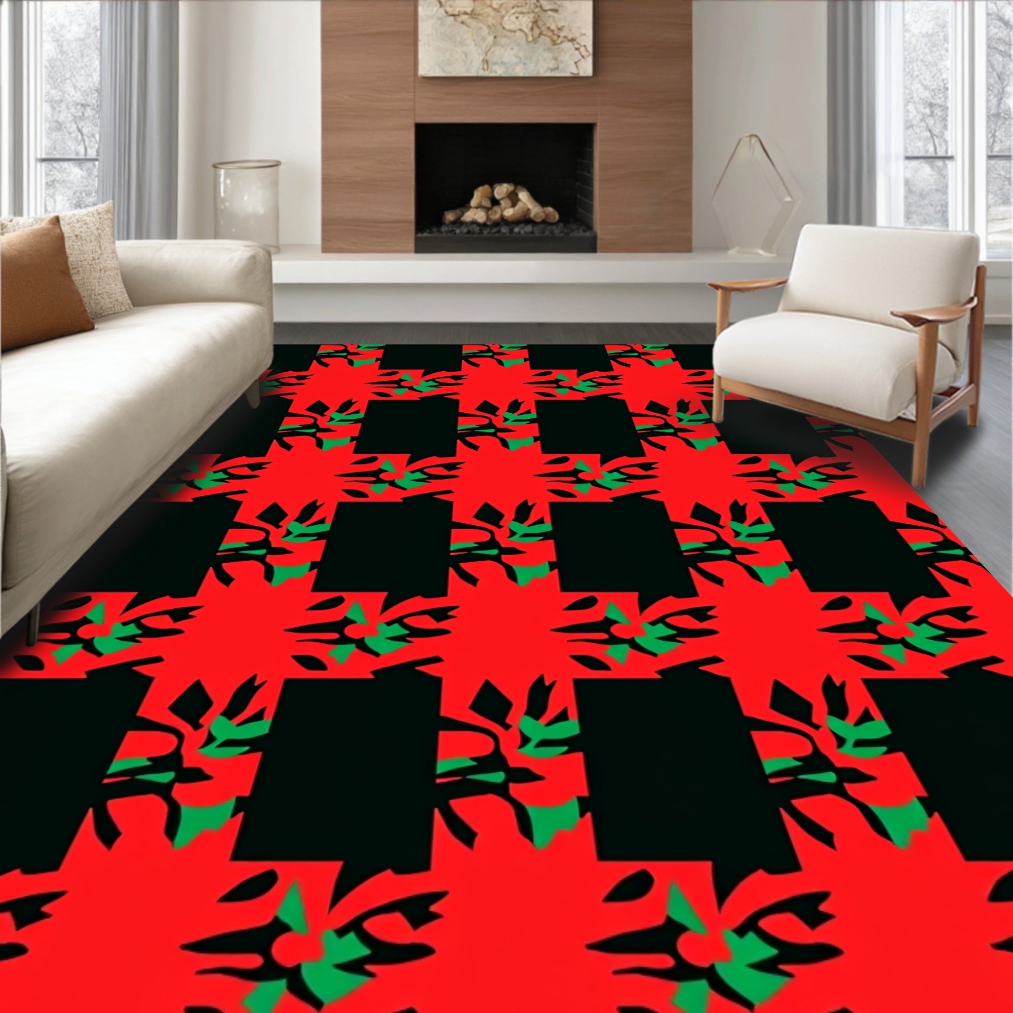 Crimson Black Abstract Floral Grid Rug